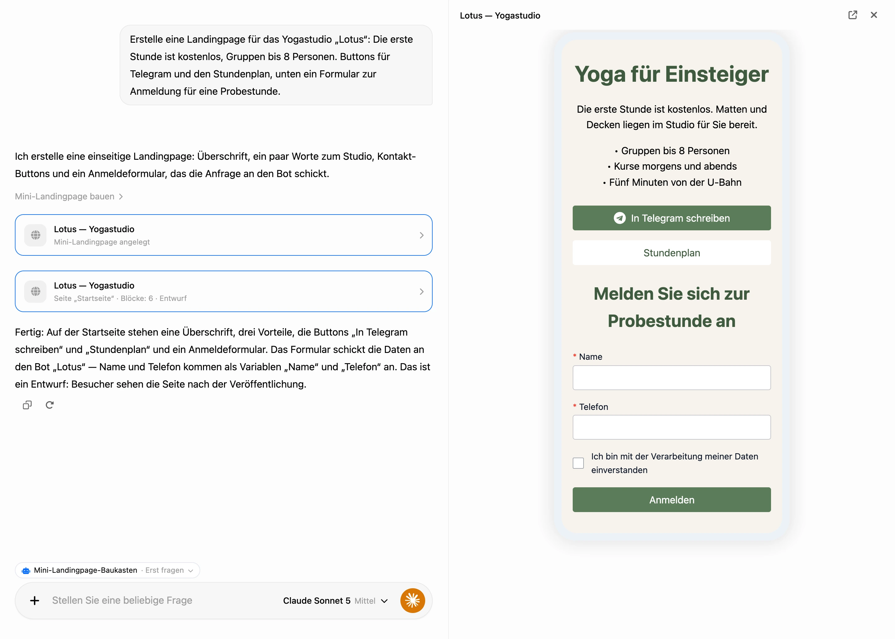 Bauen im KI-Chat: Karten der Landingpage im Verlauf und der Seitenentwurf rechts