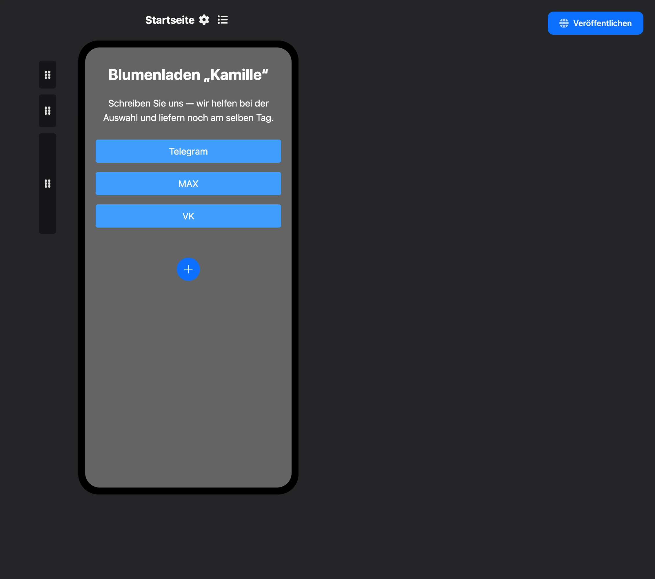 Baukasten der Mini-Landingpage: Seite mit Überschrift, Text und Messenger-Schaltflächen