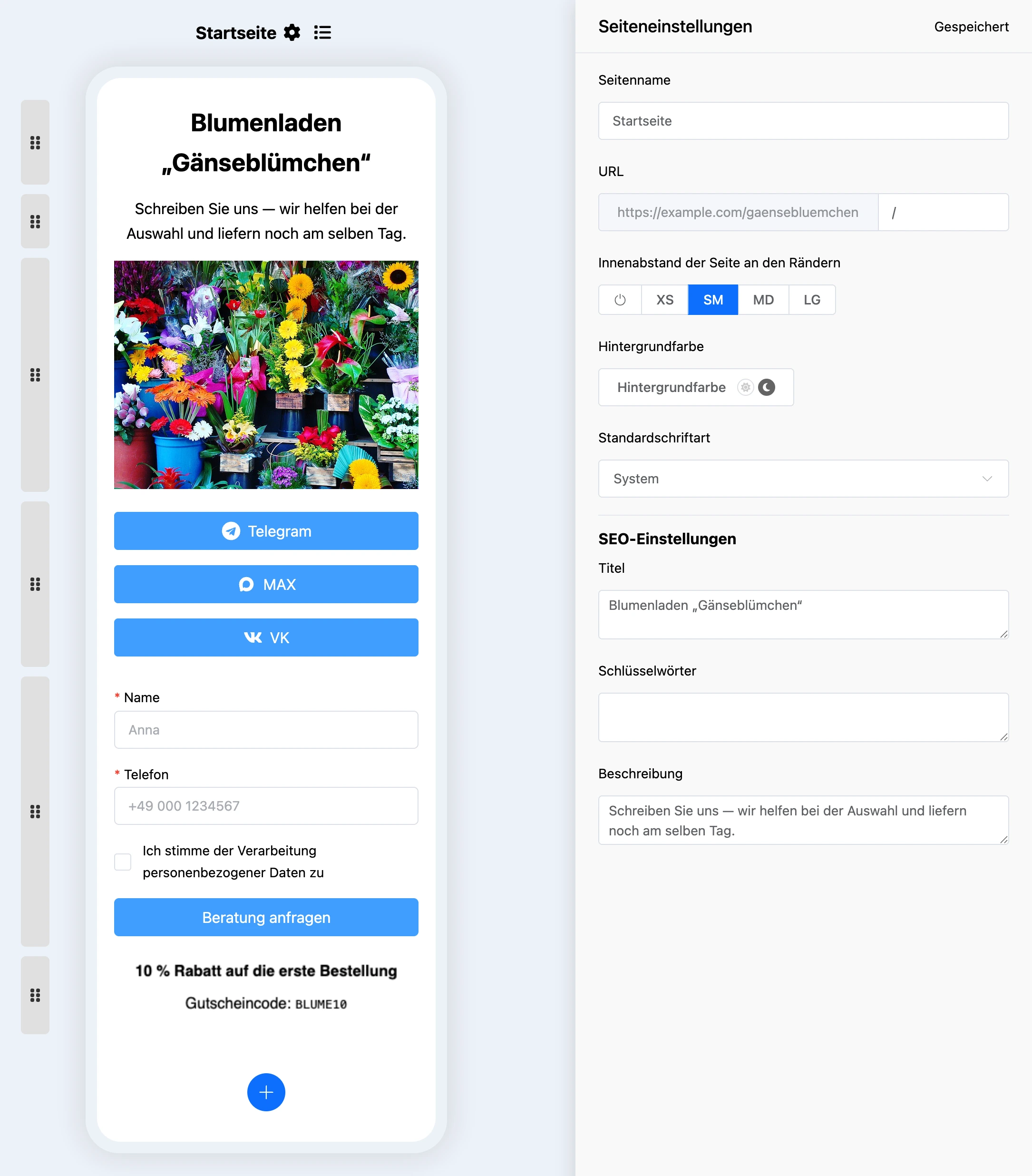 Seiteneinstellungen: Adresse, Hintergrund, Schrift und SEO