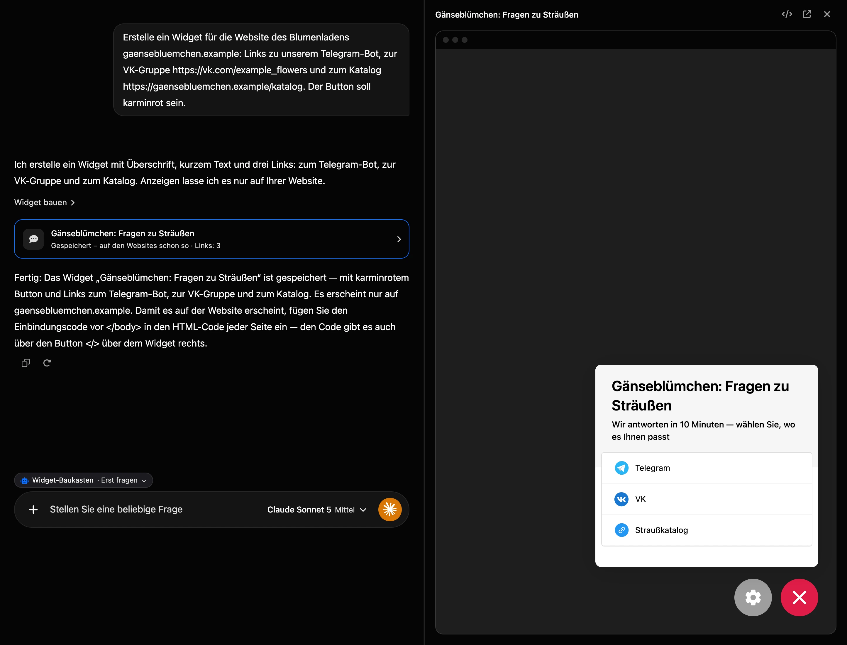 Bauen im KI-Chat: die Karte des Widgets im Verlauf und das lebendige Widget rechts