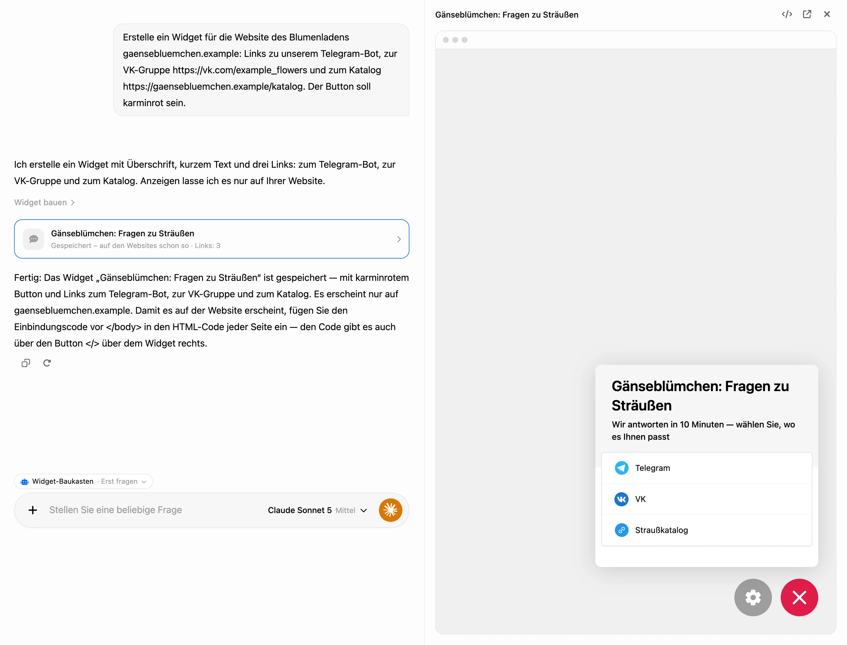 Bauen im KI-Chat: die Karte des Widgets im Verlauf und das lebendige Widget rechts