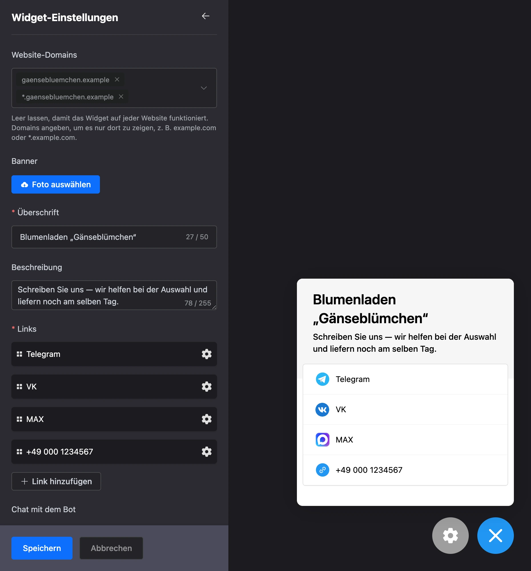 Bereich „Widget-Einstellungen“ neben dem Widget