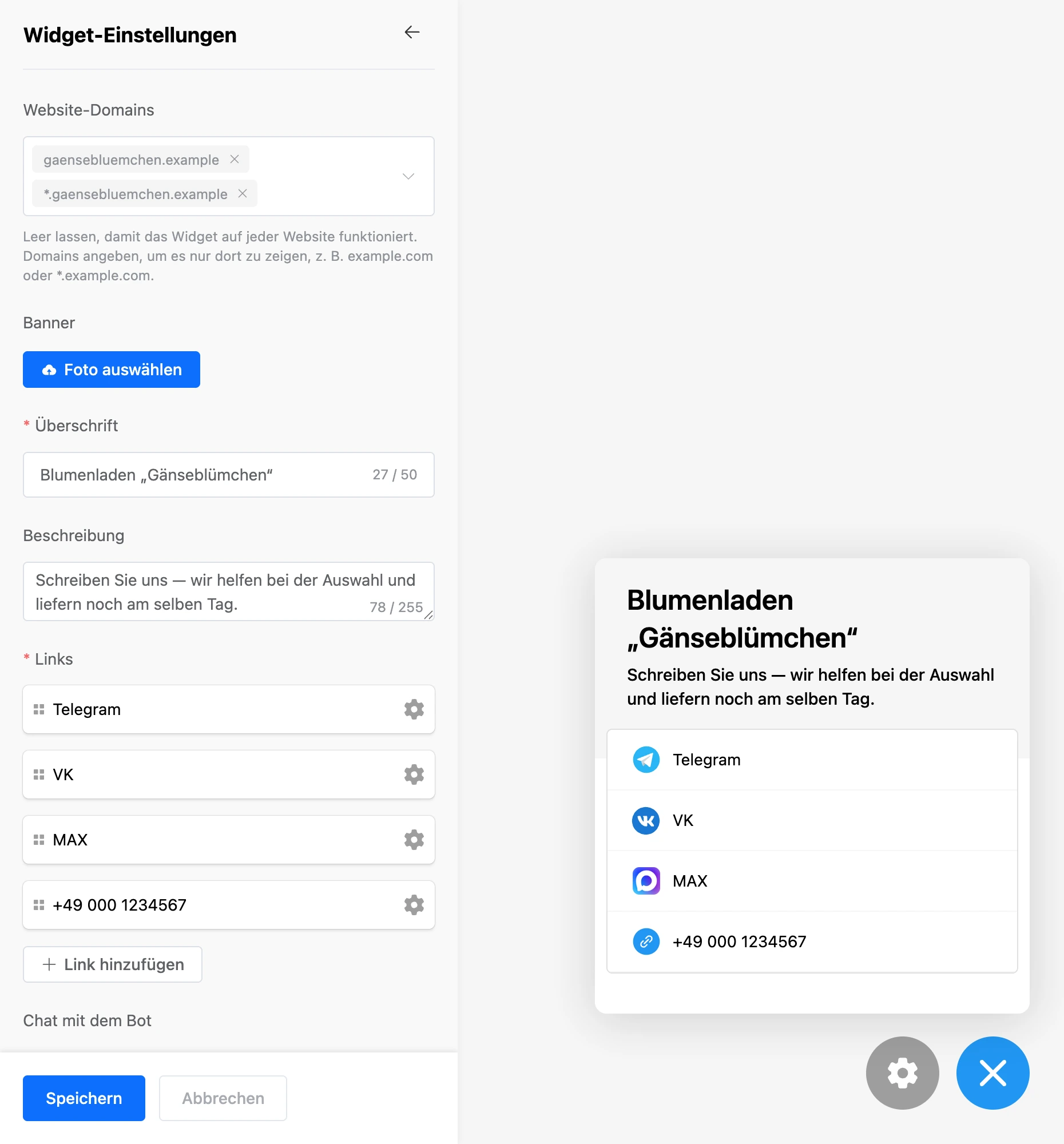 Bereich „Widget-Einstellungen“ neben dem Widget