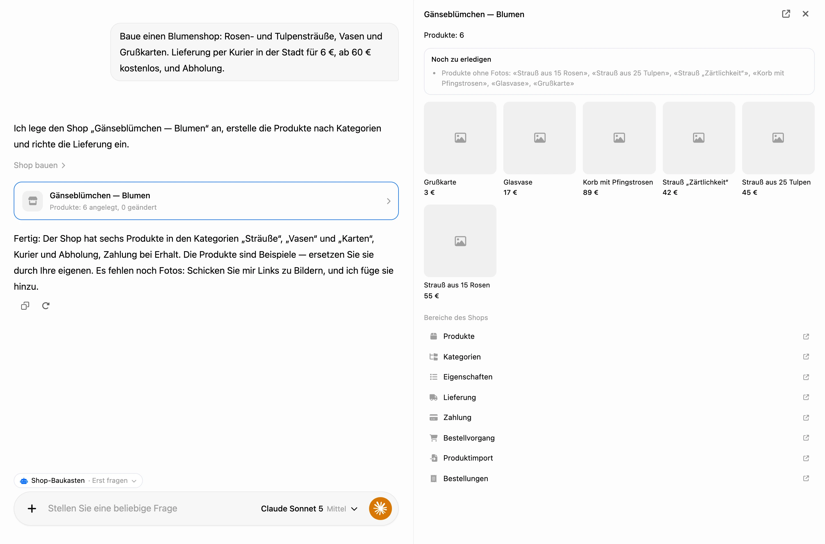 Aufbau im KI-Chat: die Karte des Shops im Verlauf und das Panel des Shops rechts