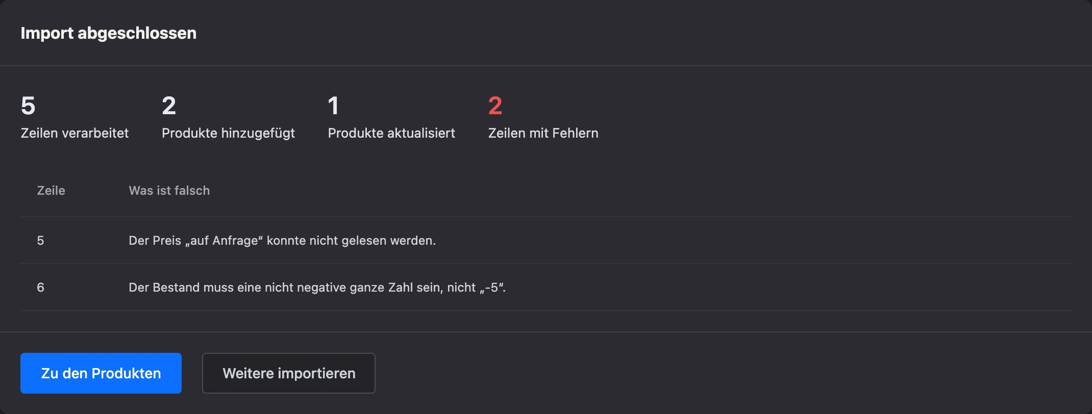 Ergebnis des Imports: Zähler und fehlerhafte Zeilen