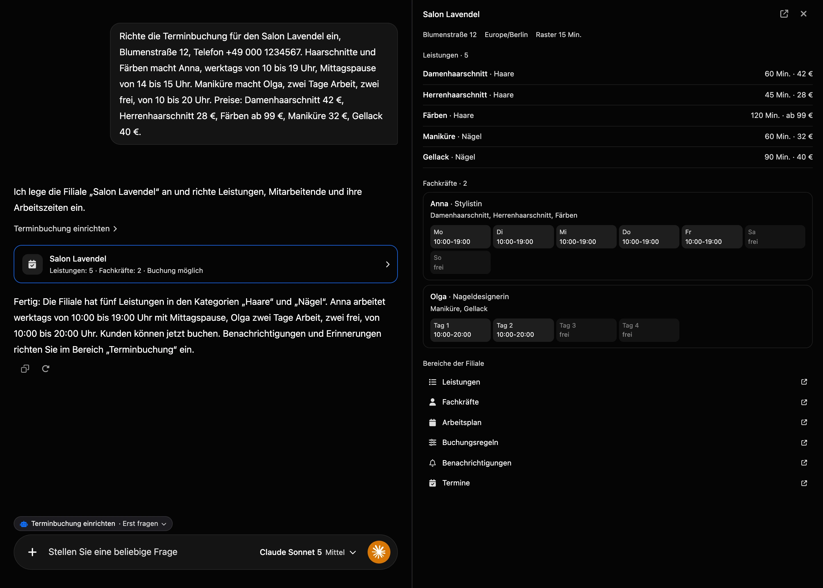 Einrichtung im KI-Chat: die Karte der Filiale im Verlauf und die Übersicht der Filiale rechts