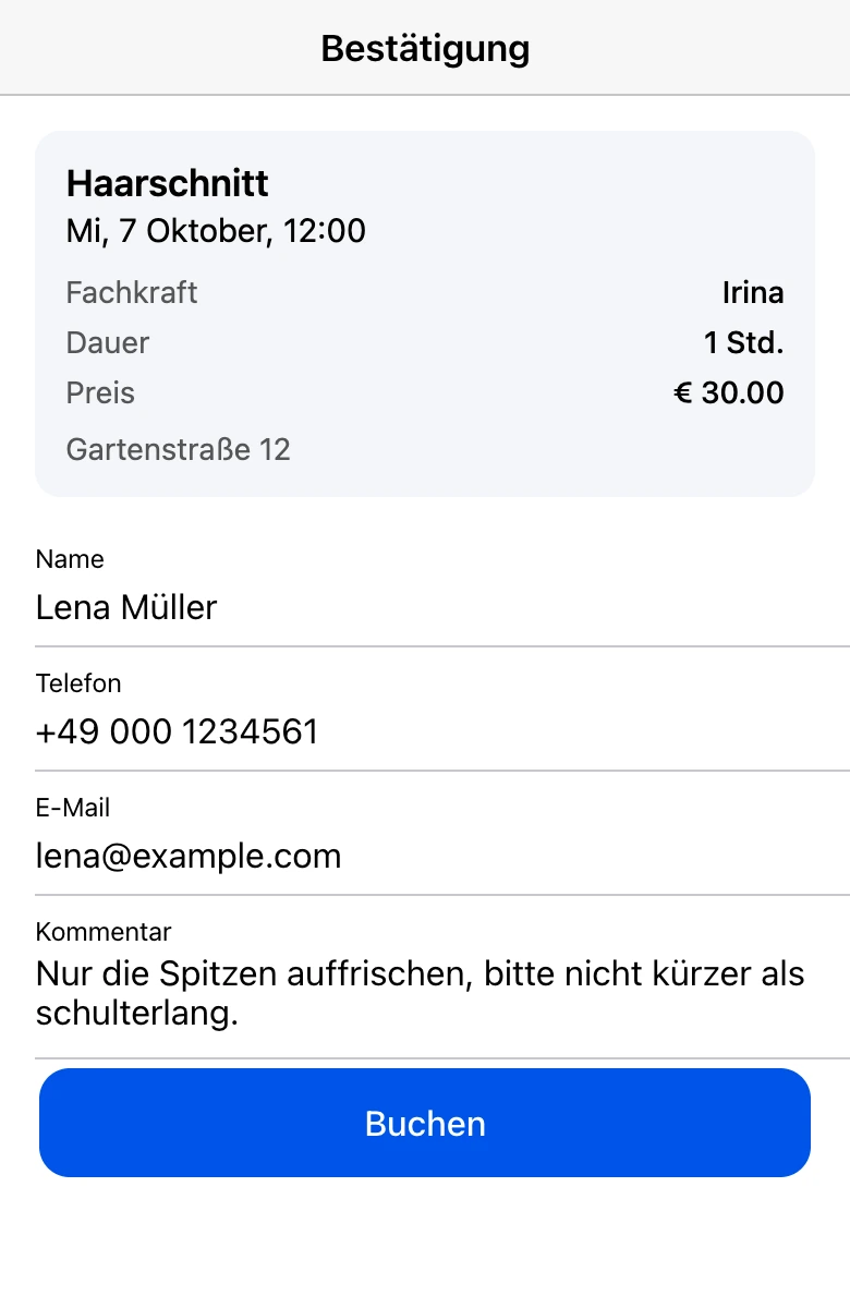 Buchungsabschluss in der Mini-App: Name, Telefon, E-Mail und Kommentar