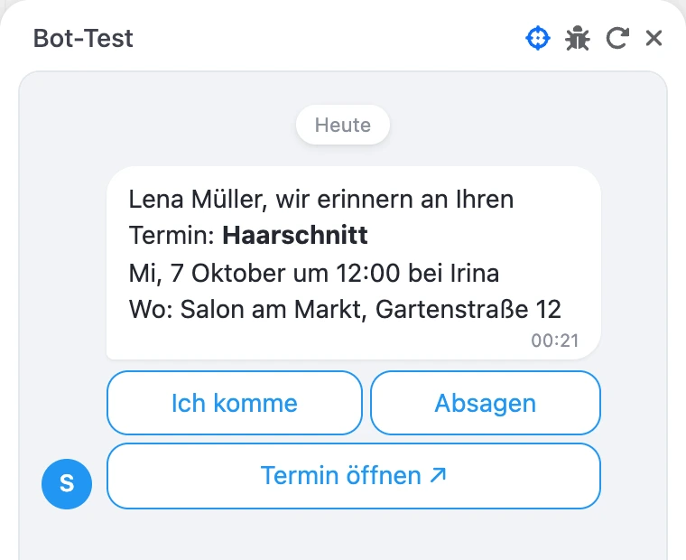 Terminerinnerung mit dem Button „Termin öffnen“