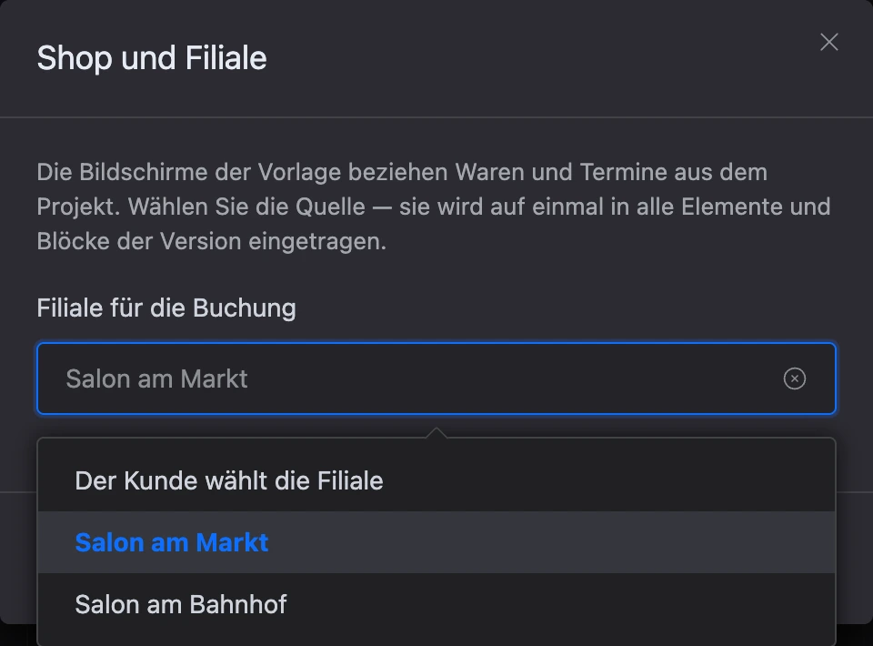 Fenster „Shop und Filiale“: Auswahl der Filiale für Buchungen