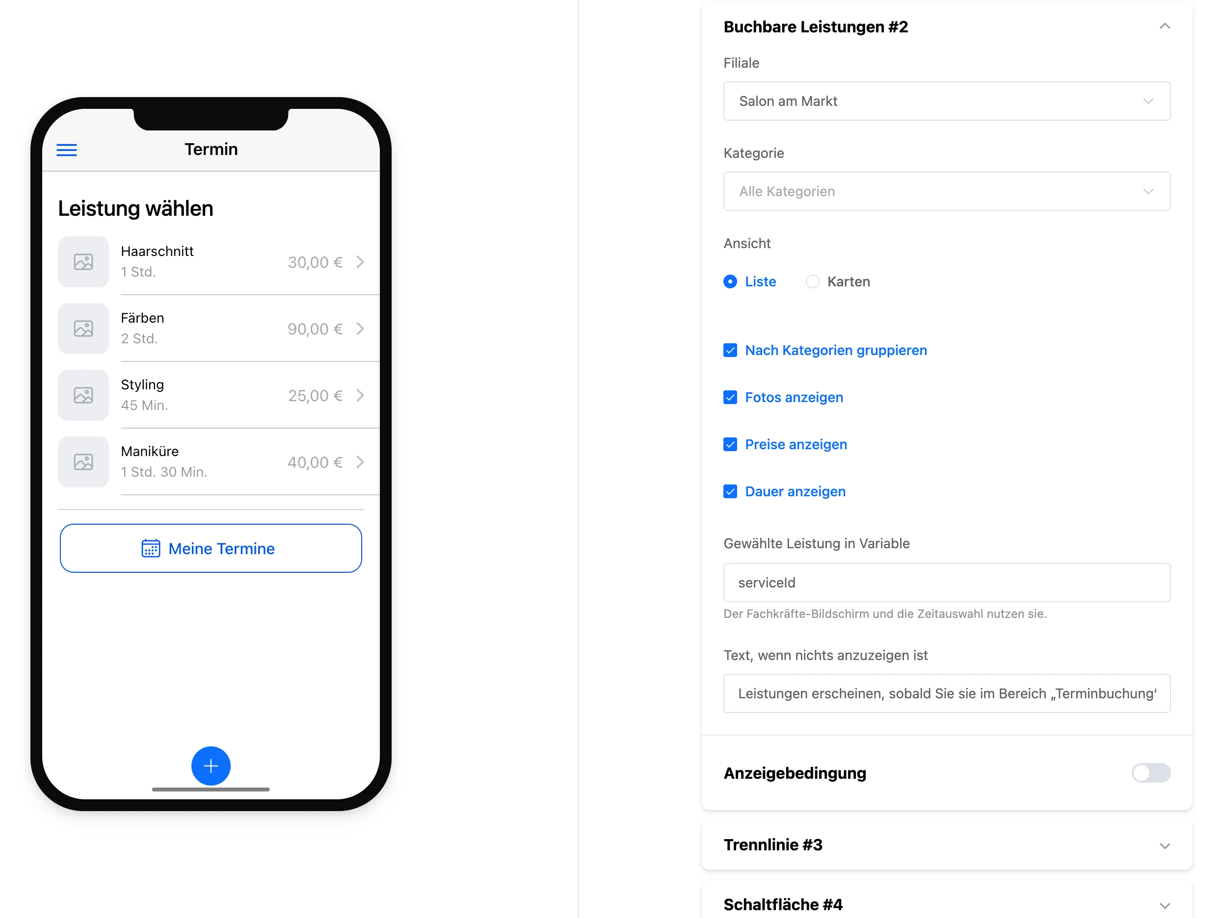 Element „Leistungen zur Buchung“ im Mini-App-Baukasten