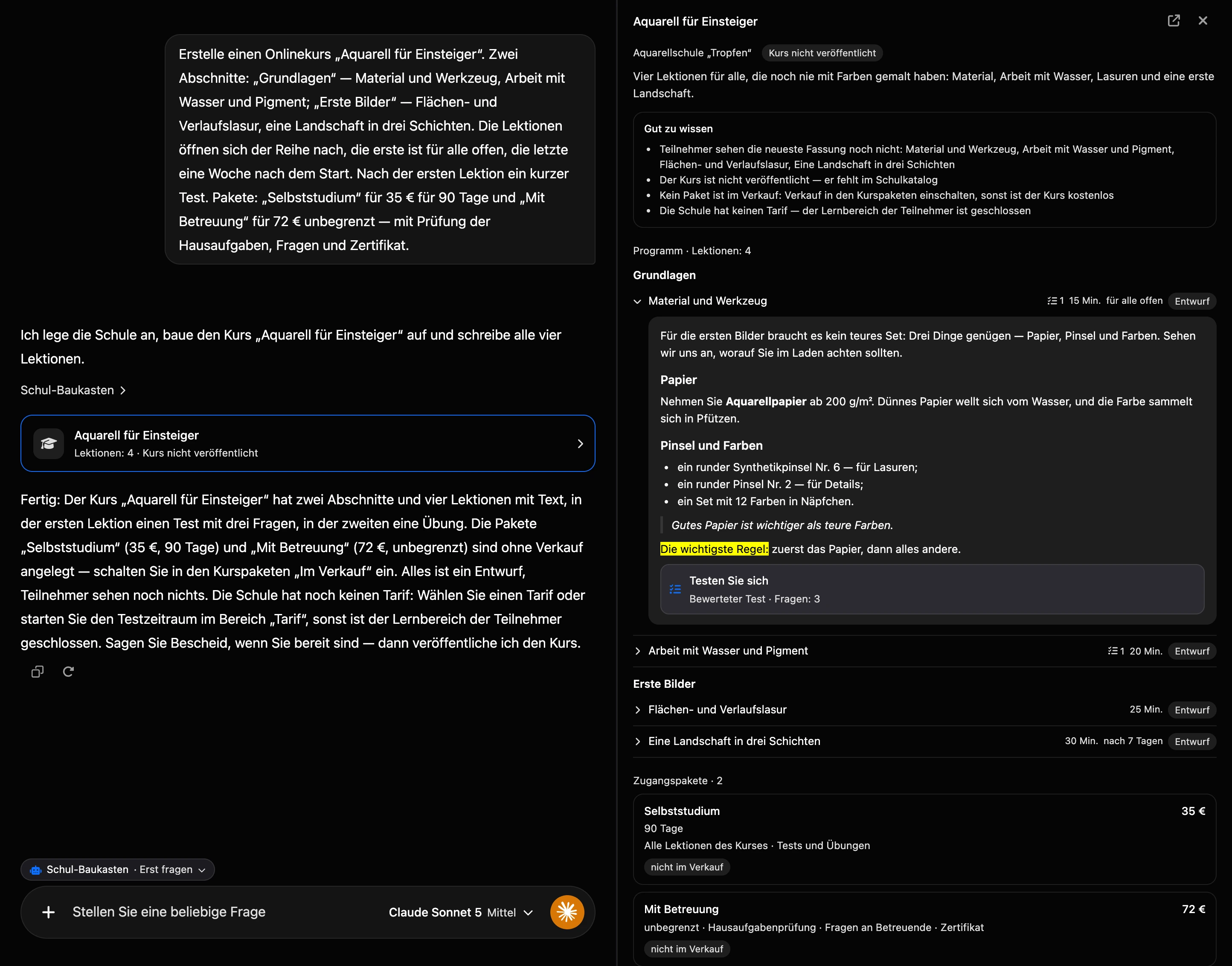 Aufbau im KI-Chat: die Karte des Kurses im Verlauf und der Kurs rechts mit geöffneter Lektion