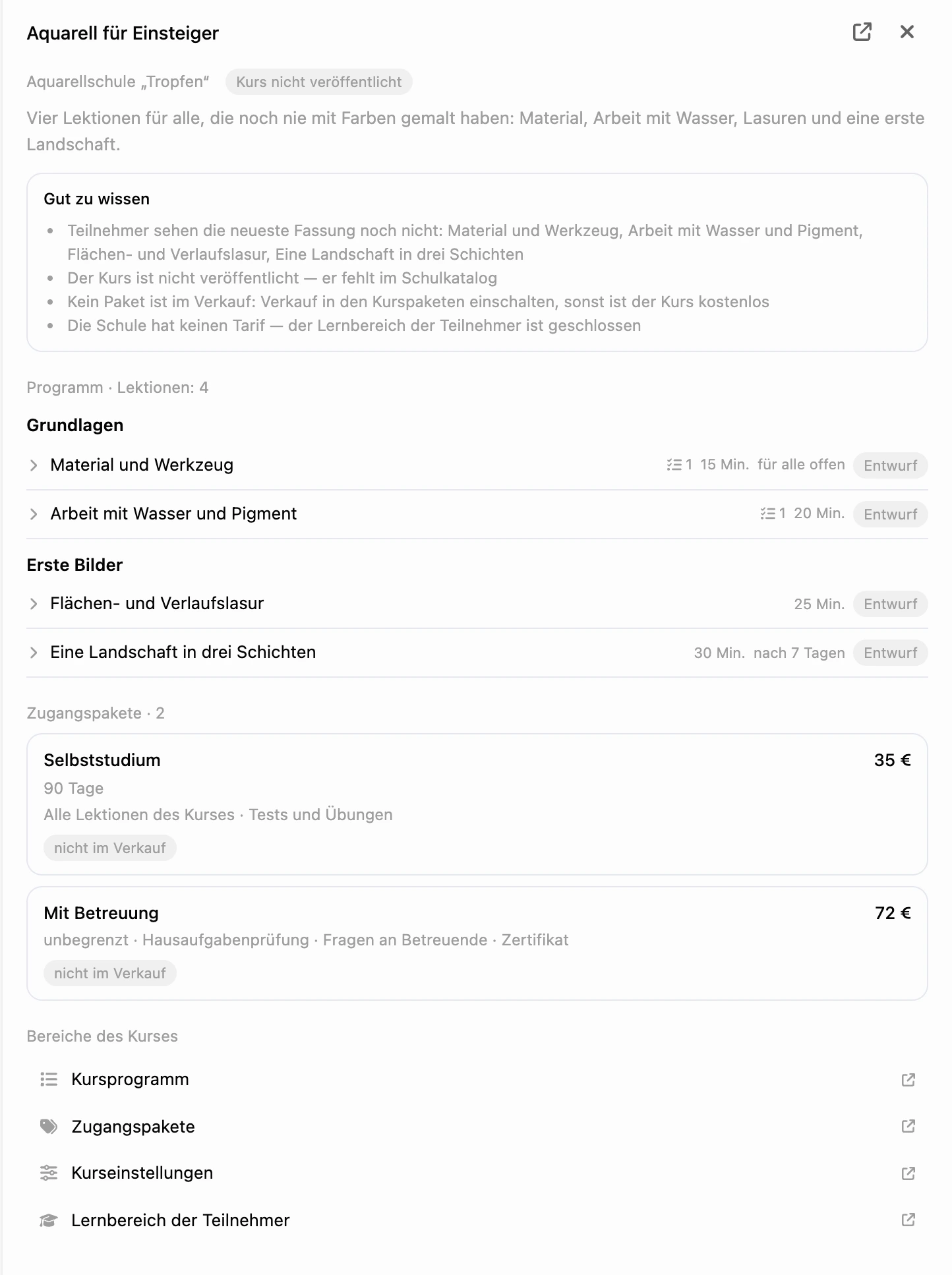 Übersicht des Kurses: Lehrplan, Zugangspakete und Links zu den Bereichen