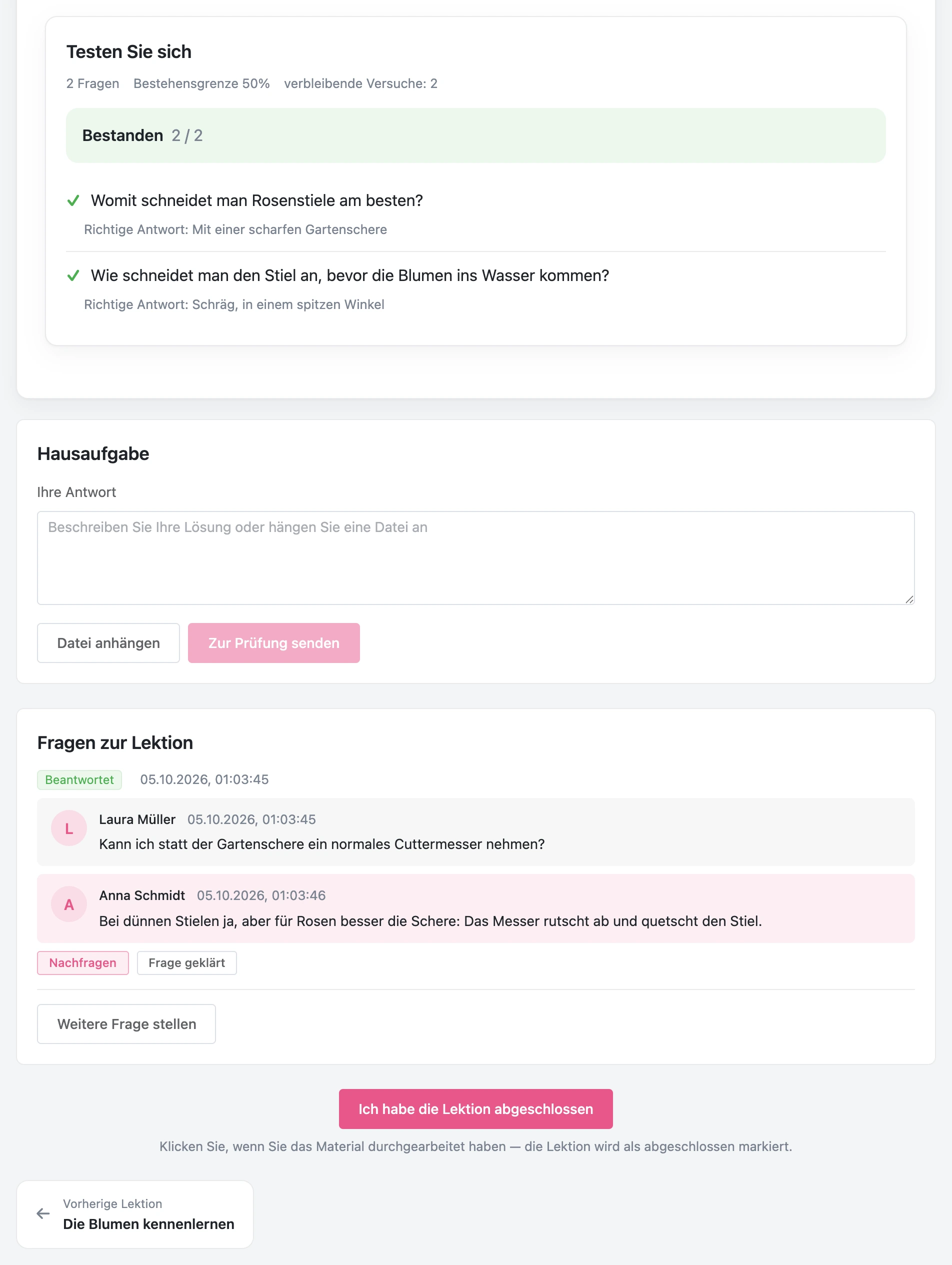 Test mit Ergebnis und Auswertung, Hausaufgabe, Fragen zur Lektion und die Schaltfläche „Ich habe die Lektion abgeschlossen“