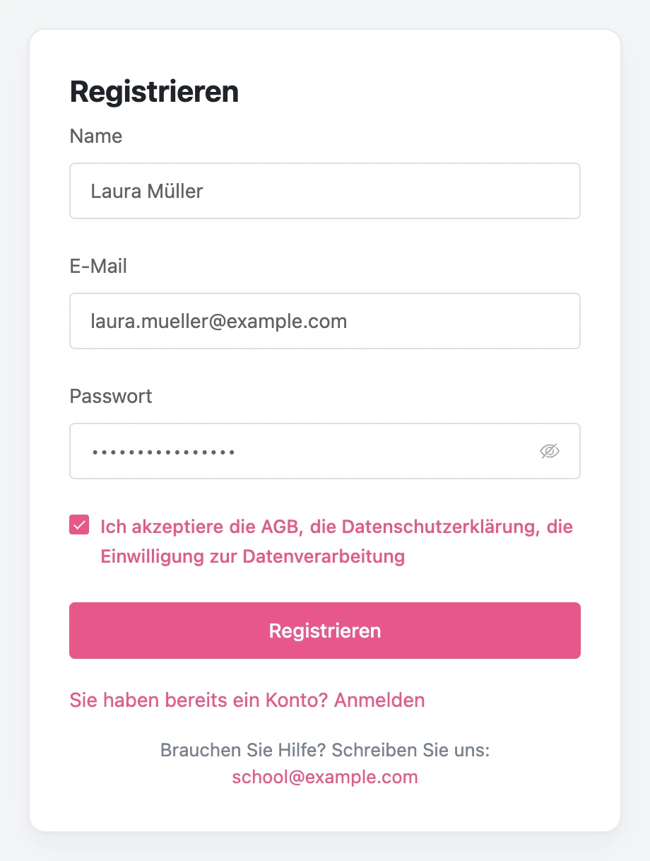 Registrierungsformular im Lernbereich