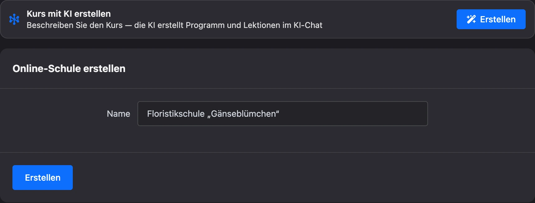 Formular zum Erstellen einer Online-Schule mit dem Block „Kurs mit KI erstellen“