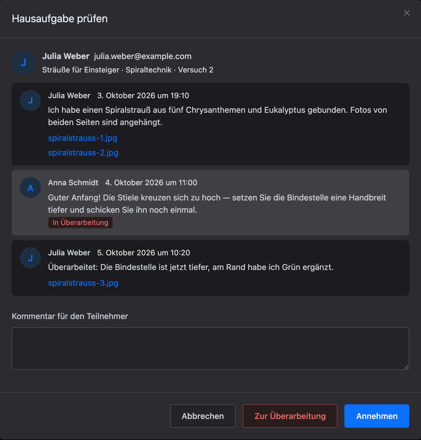 Fenster zur Prüfung einer Aufgabe mit dem Verlauf zwischen Lernender und Kuratorin