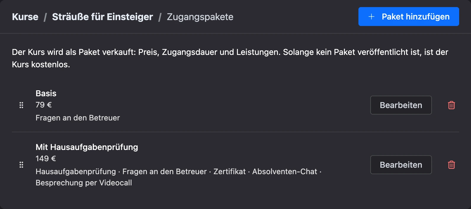 Zugangspakete eines Kurses