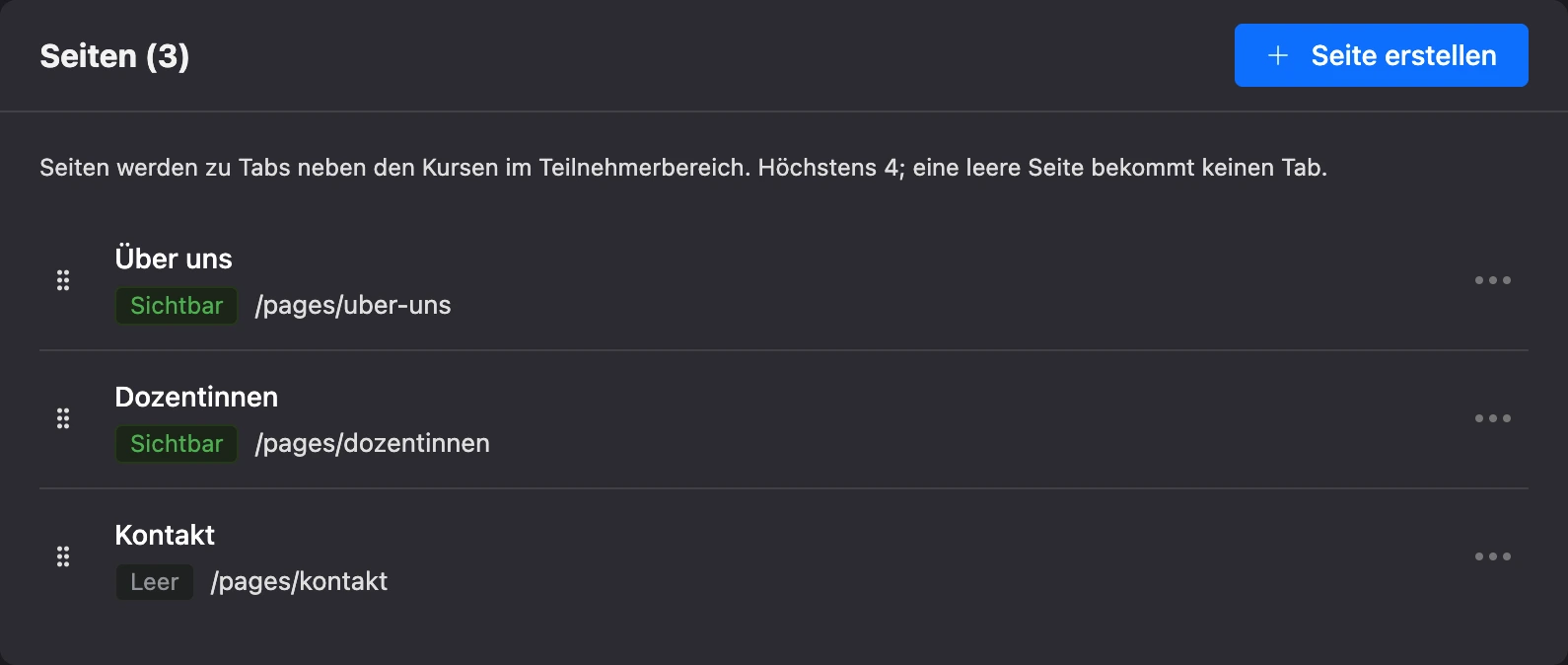 Unterbereich „Seiten“ mit den Seiten der Schule