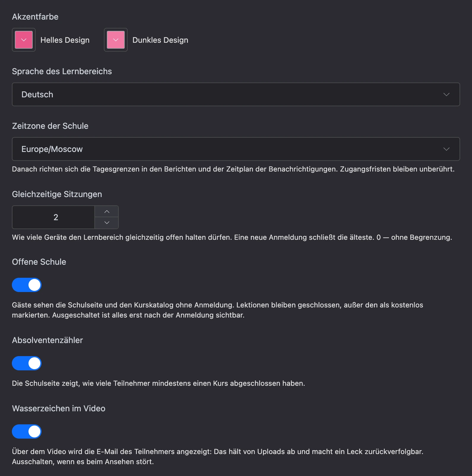 Gestaltung des Lernportals, Sprache, Zeitzone und Schalter