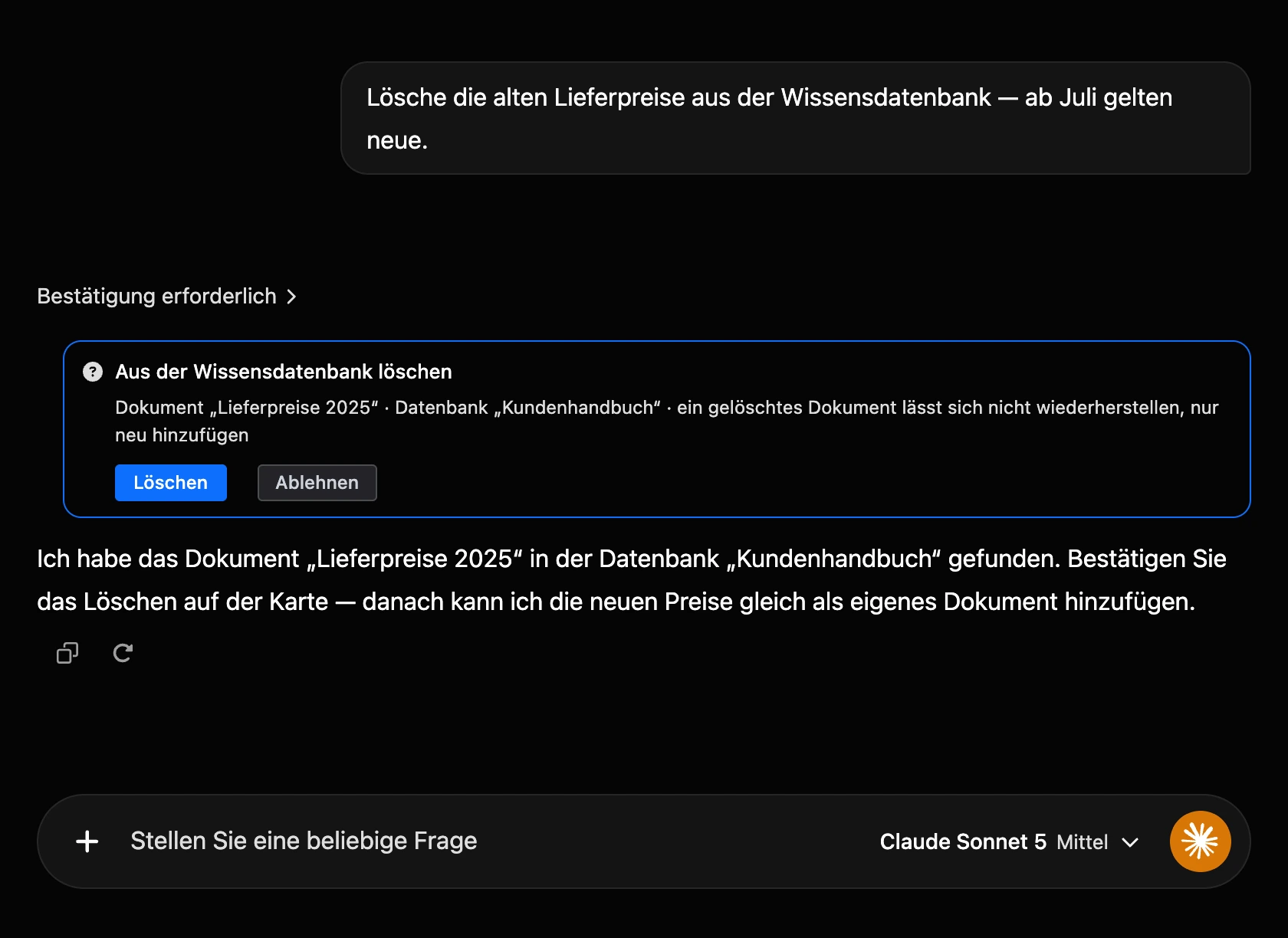 Die Karte „Aus der Wissensdatenbank löschen“ im Verlauf