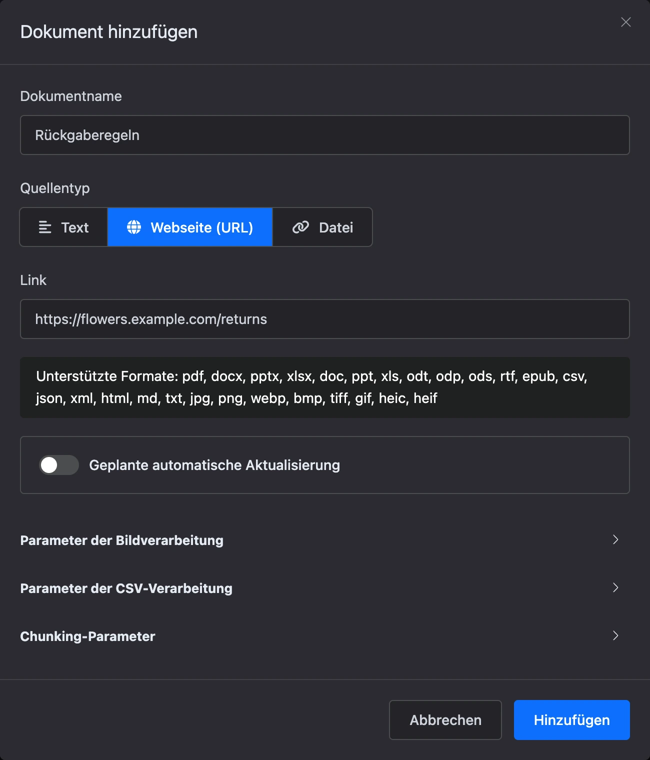 Dialog „Neues Dokument“: Webseite per Link