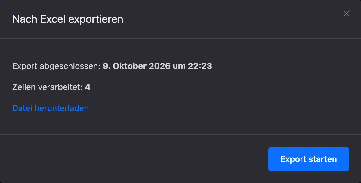 Das Fenster „Nach Excel exportieren“ nach dem Export: Datum, Zeilenzahl und Link zur Datei