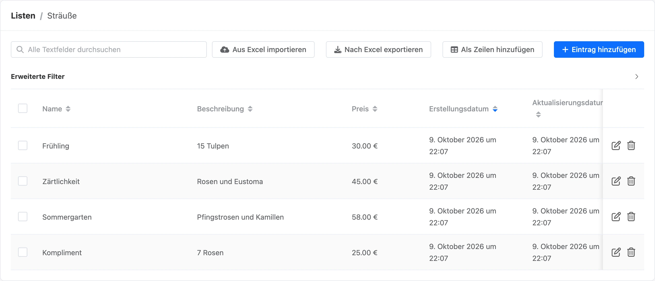 Tabelle der Listeneinträge mit Suche und Schaltflächen für Import, Export und Hinzufügen
