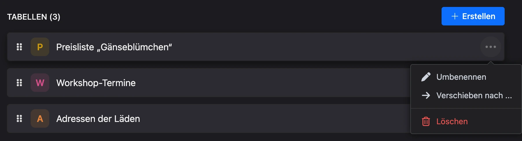 Menü „⋯“ einer Tabelle in der Liste