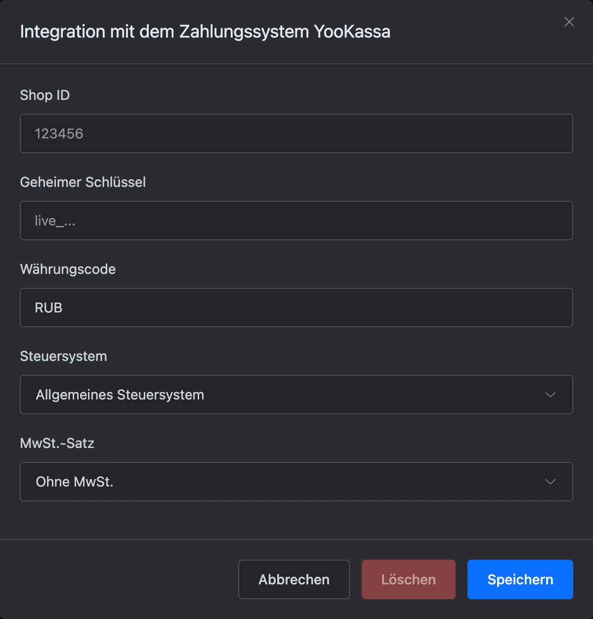Fenster einer Zahlungsintegration des Bots