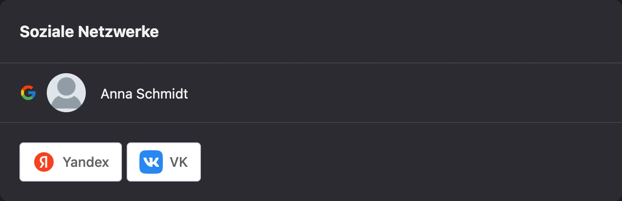 Tab „Soziale Netzwerke“ mit verknüpftem Google-Konto