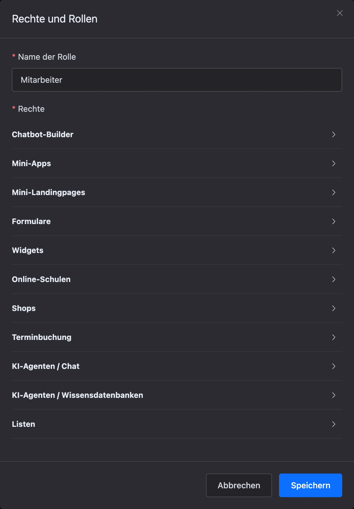 Fenster einer neuen Rolle mit der Liste der Bereiche