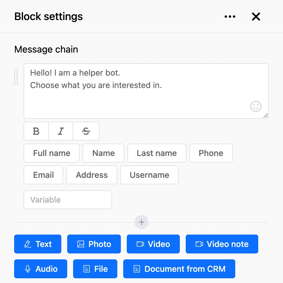 Block settings: the field with the greeting text