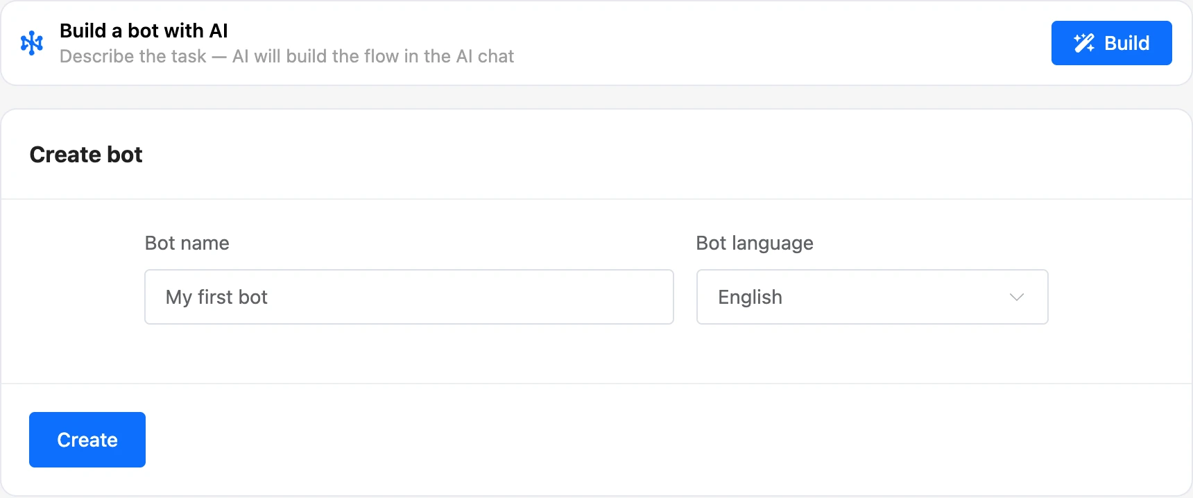 Bot creation form: the "Build a bot with AI" block, name and language
