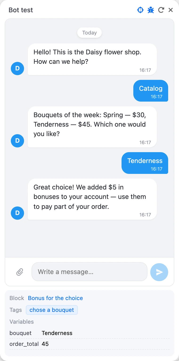 The "Variables and tags" panel under the chat: the current block, tags and variables