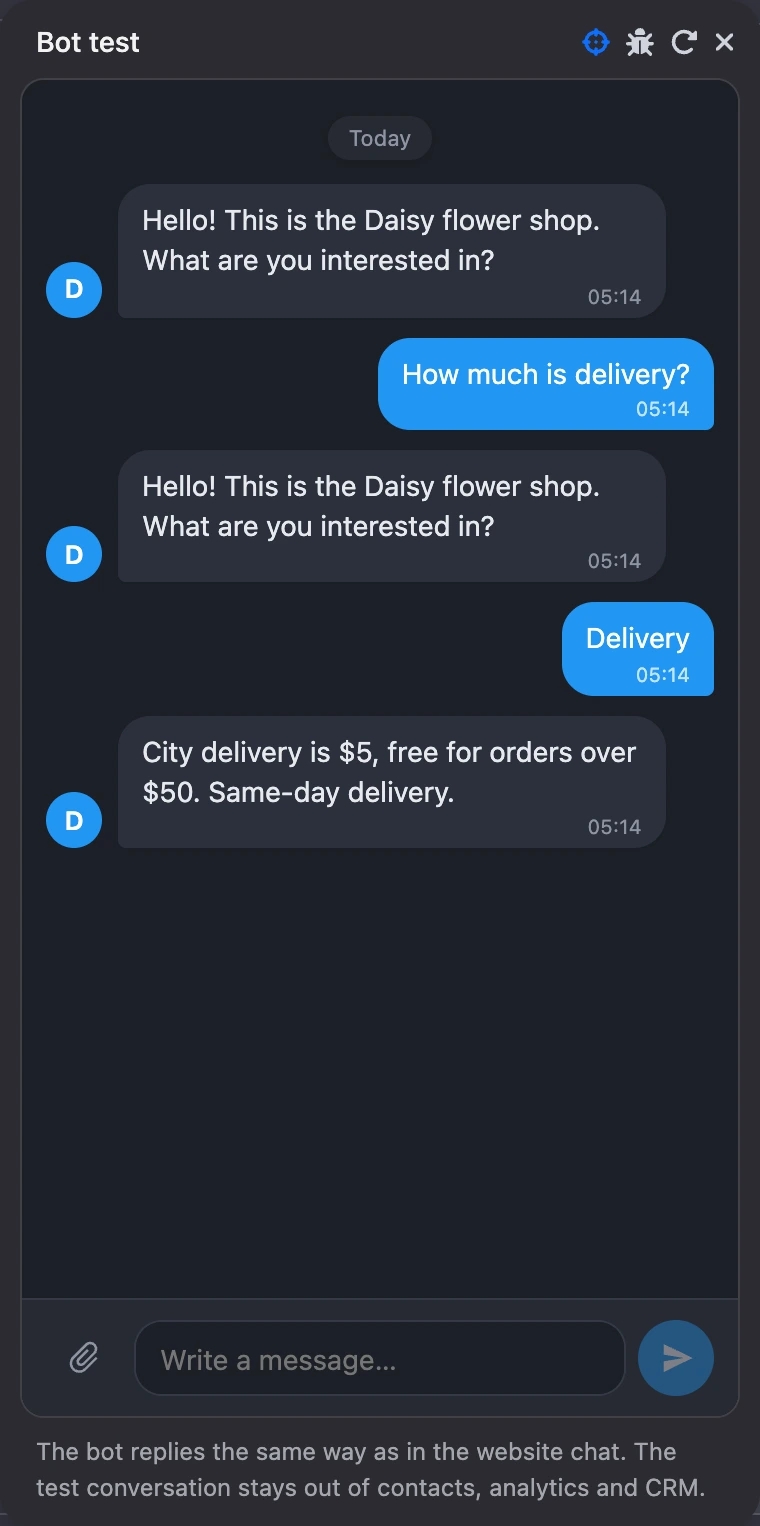 The "Test bot" window: the bot repeated its question after "How much is delivery?" and answered about delivery after "2"