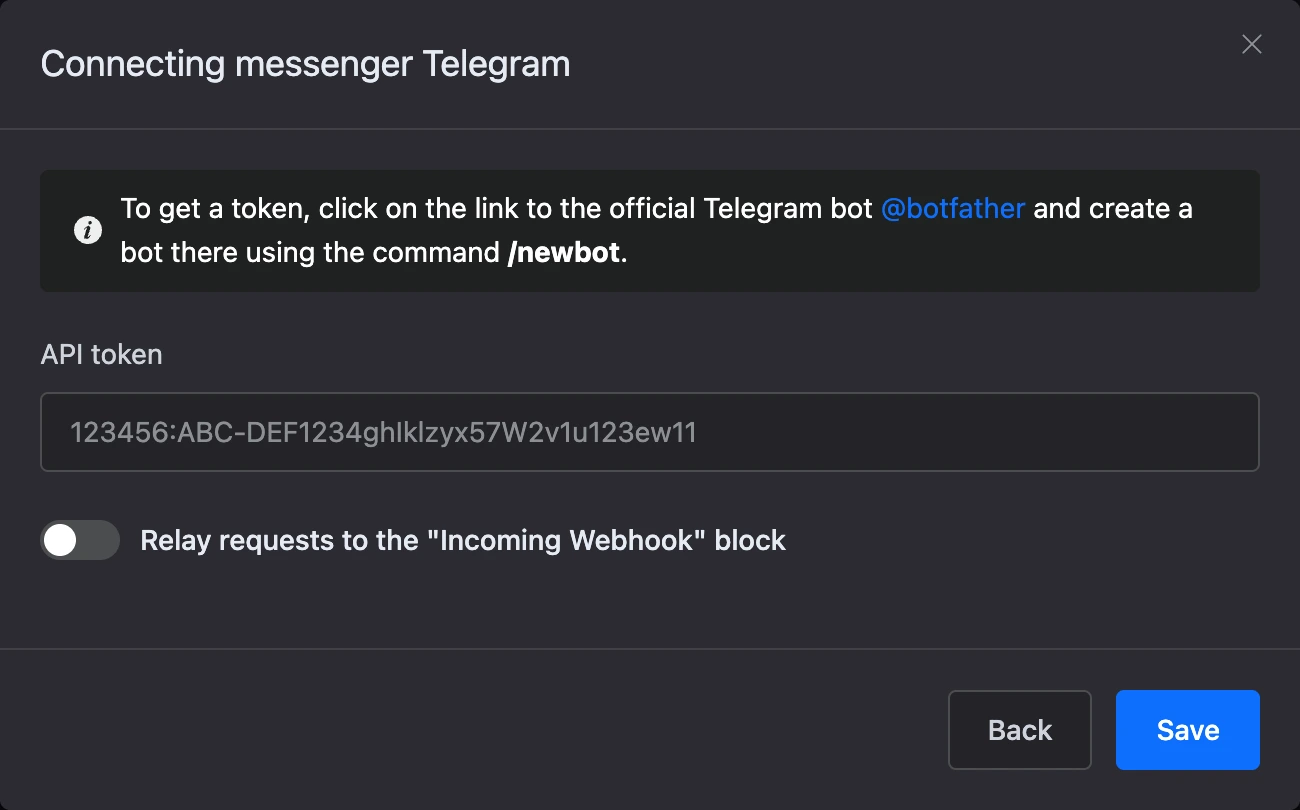Telegram connection window with the "API token" field