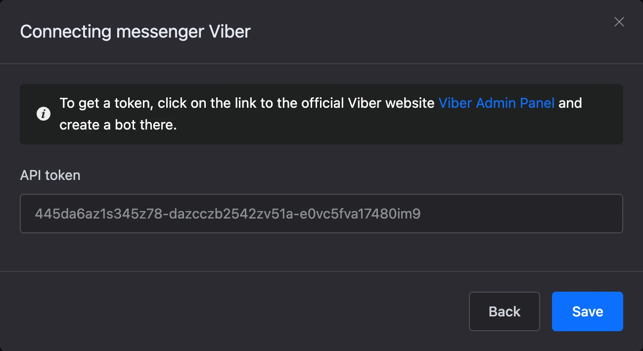Viber connection window with the "API token" field