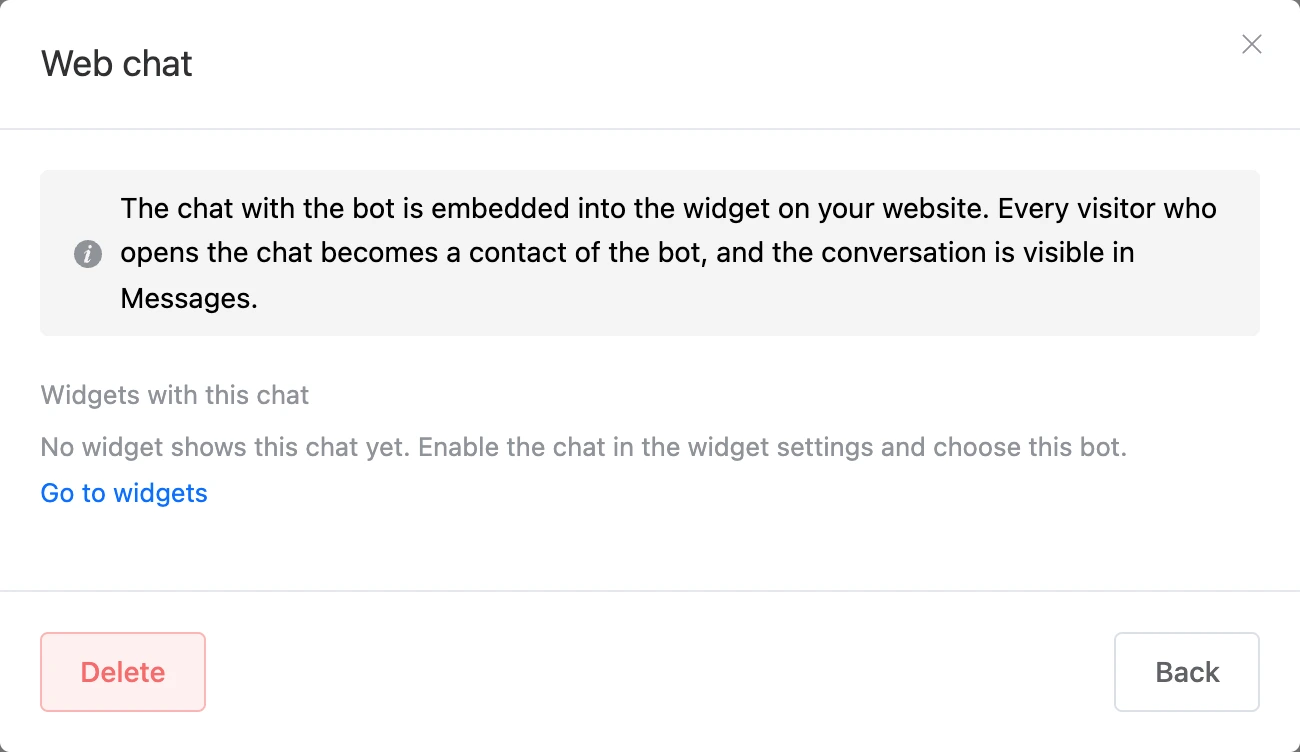 The "Web chat" channel window: description and the list of widgets with this chat