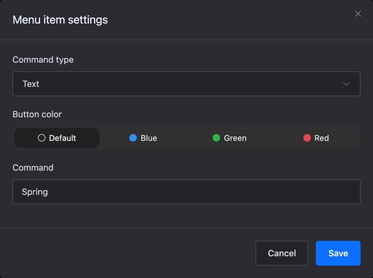 The "Menu item settings" window: command type, button colour and command