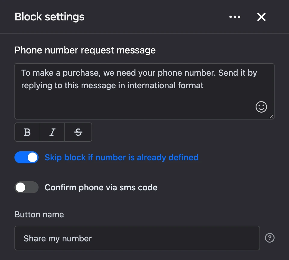 Settings panel of the "Phone number request" block