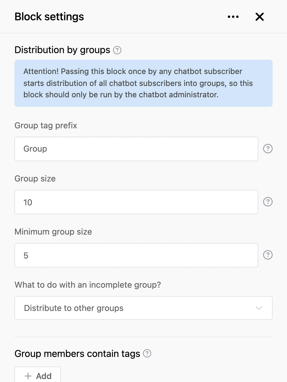 Settings panel of the "Distribution by groups" block