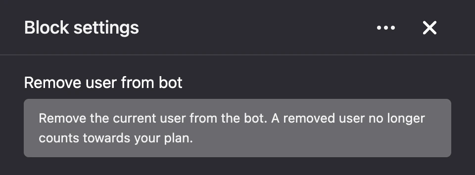 Settings panel of the "Remove user from bot" block