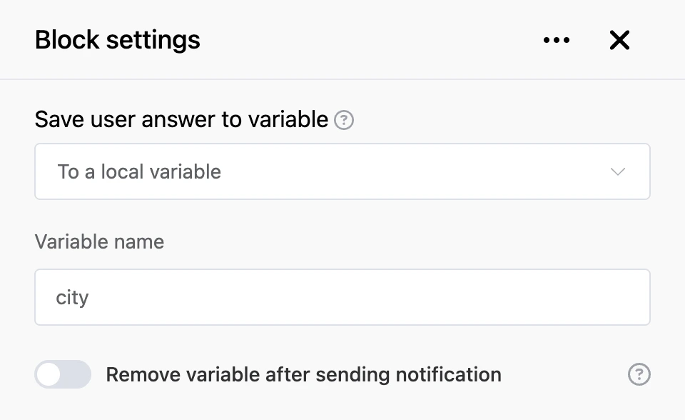 Settings panel of the "Save user answer to variable" block