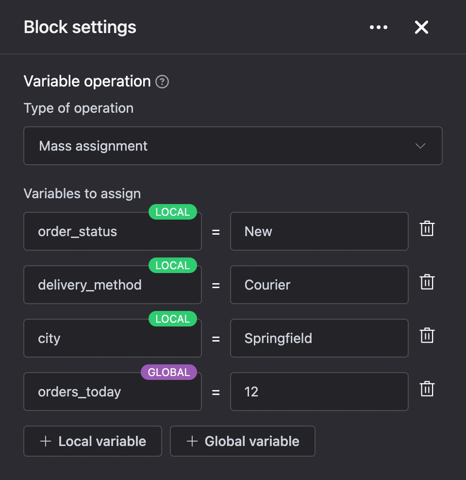 "Variable operation" block: four order variables are set at once