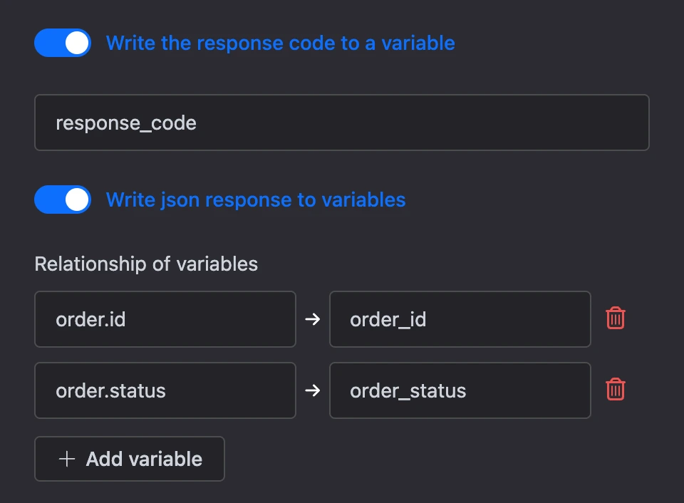 Response code goes to a variable, JSON response is split into variables: order.id and order.status