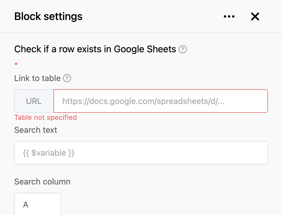 Settings panel of the "Check if a row exists in Google Sheets" block