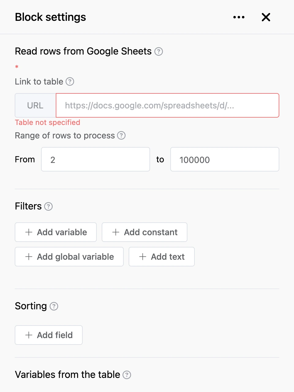 Settings panel of the "Read rows from Google Sheets" block