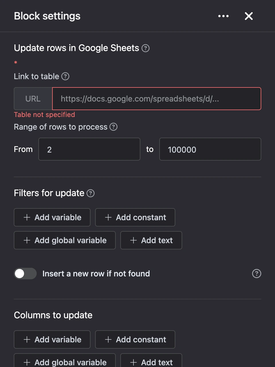Settings panel of the "Update rows in Google Sheets" block