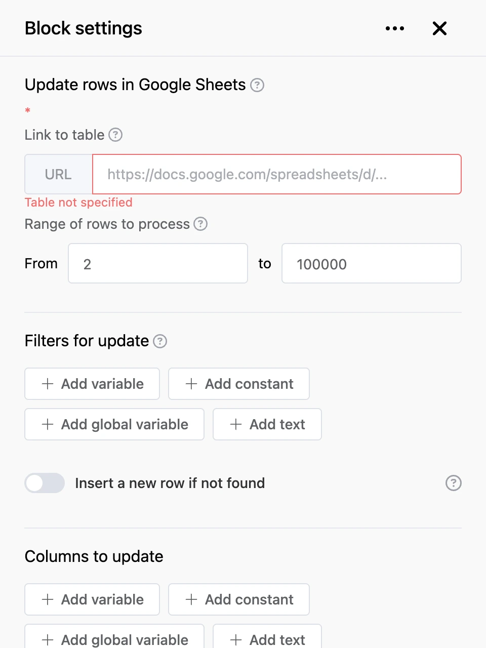 Settings panel of the "Update rows in Google Sheets" block