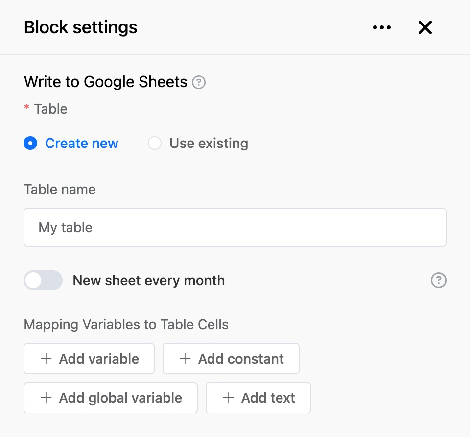 Settings panel of the "Write to Google Sheets" block